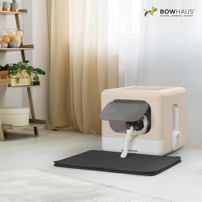 Foldable Cat Litter Box w/Lid, Scoop & Mat, Drawer Design Cat Toilet for Kitten, Two-Way Entry Kitty Litter Box, Odor Control & Easy to Clean, Dark Grey-PurrikoPets