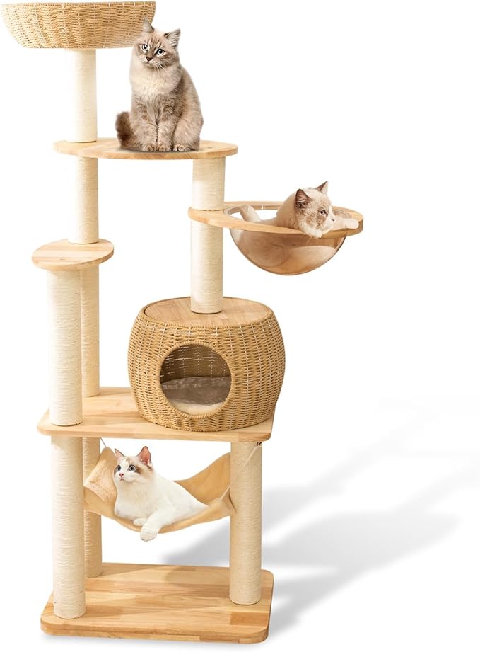 59" Big Modern Cat Tree Tower, Cat Tower Sisal-Covered Scratching Posts for Indoor Cats, Oak Wood Cat Tree for Large Cats, Multi-Level Cat Condo with Space Capsule Nest, Cat Furniture Activity Centre-PurrikoPets