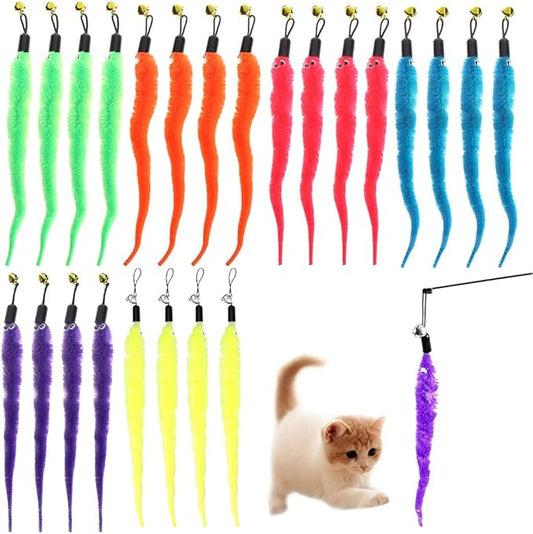 24 PCS Cat Worm Toy Refills Cat Wand Toy Replacement Interactive Wand Accessories Feather Worm Teaser Refills Attachment-PurrikoPets