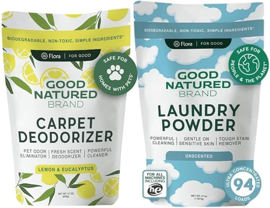 Good Natured Brand | Laundry Bundle | Carpet Freshener Lemon & Eucalyptus 31oz | Pet-Friendly Carpet Deodorizer | Laundry Powder Unscented 47oz | Hypoallergenic Laundry Powder 94 Loads-PurrikoPets
