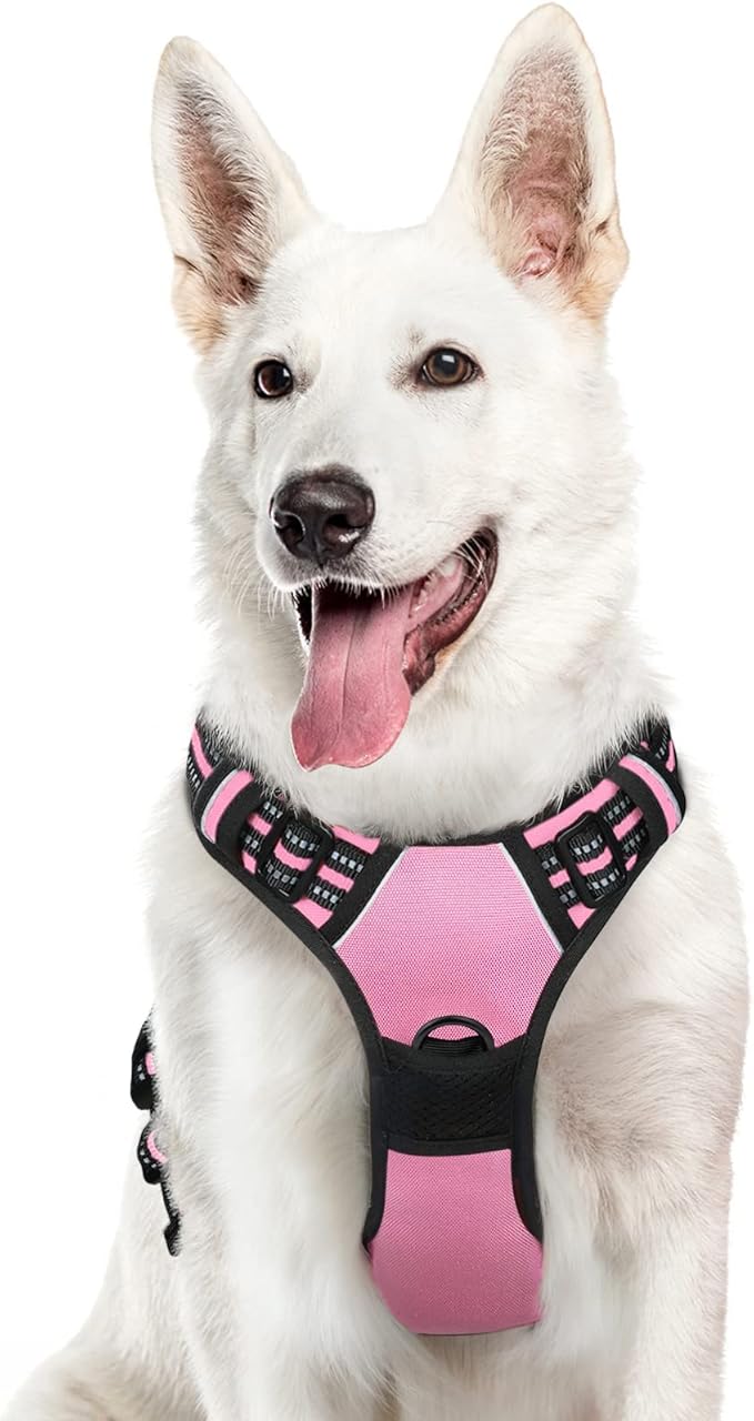 Eagloo Dog Harness Large Breed, No Pull Service Vest with Reflective Strips and Control Handle, Adjustable and Comfortable for Easy Walking, No Choke Pet Harness with 2 Metal Rings, Pink, XL-PurrikoPets