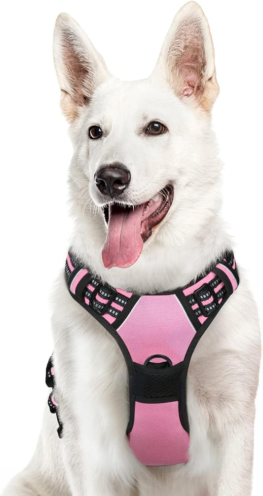 Eagloo Dog Harness Large Breed, No Pull Service Vest with Reflective Strips and Control Handle, Adjustable and Comfortable for Easy Walking, No Choke Pet Harness with 2 Metal Rings, Pink, XL-PurrikoPets