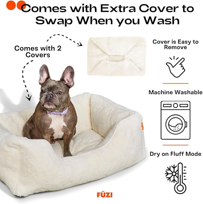 FUZI Luxury Aesthetic Dog Bed with Extra Cover for Small Dogs, Washable Pet Couch, Pet Bed with Sides, Non-Slip Bottom, Soft & Durable Calming Dog Bed, Faux Rabbit Fur, Small 25.1x16.75x9.5 Soft White-PurrikoPets