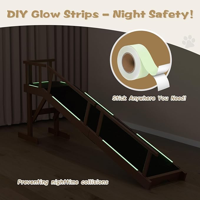 61" Dog Ramp for Bed, Pet Ramp with Removable Side Rail and Non-Slip Surface, Pet Ramp for Small & Large & Senior Dogs with Rest Platform and DIY Glow Strips,Dog Stairs for Couch, Brown-PurrikoPets