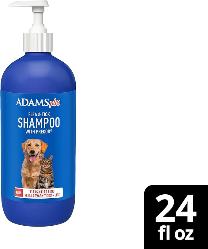 Adams Plus Flea & Tick Shampoo with Precor for Cats, Kittens, Dogs & Puppies Over 12 Weeks Of Age |Sensitive Skin Flea Treatment |Kills Adult Fleas, Flea Eggs, Ticks, and Lice |24 Oz, Pump Included-PurrikoPets