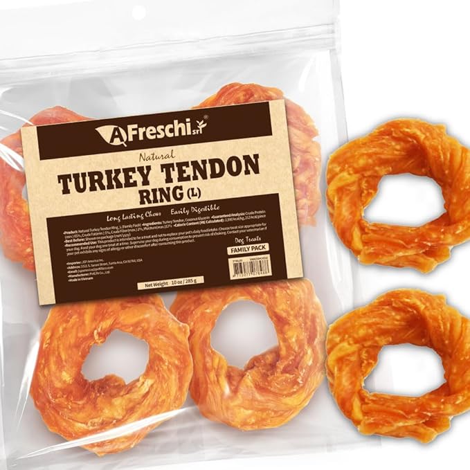 Afreschi Natural Turkey Tendon Ring (L) 10 oz, USA-Sourced Turkey Tendon, All Natural Puppy Chew, Hypoallergenic, Rawhide Alternative,for Large Breeds-PurrikoPets