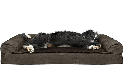 Furhaven Cooling Gel Dog Bed for Large/Medium Dogs w/ Removable Bolsters & Washable Cover, For Dogs Up to 55 lbs - Plush & Suede Sofa - Espresso, Large-PurrikoPets