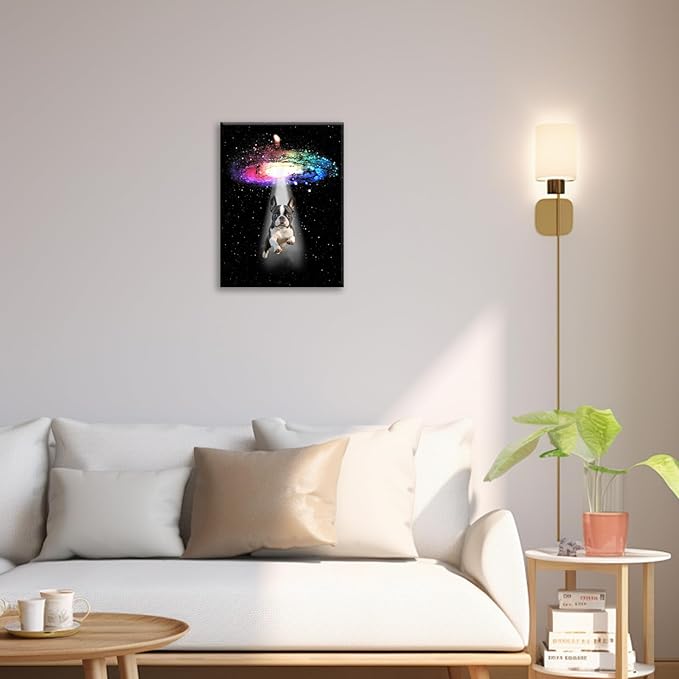 Funny Dog Wall Art Canvas Boston Terrier Wall Decor Prints Framed Painting Bulldog Galaxy Pictures Gifts Artwork for Bathroom 12"x16"-PurrikoPets