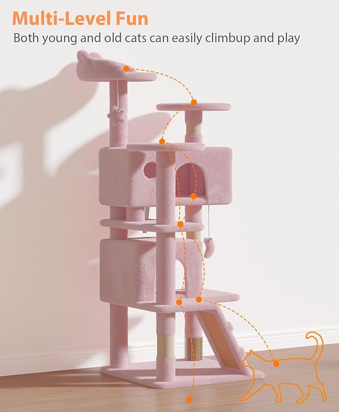 54" Cat tree Tower for Indoor Cats Large Adult,Cute/Tall Modern Cat Tree for Big Cats 20 lbs,Plush Multi-Level Cat Condo with Scratching Posts, Dangling Ball for fun play (Soft Pink, 54 inch)-PurrikoPets
