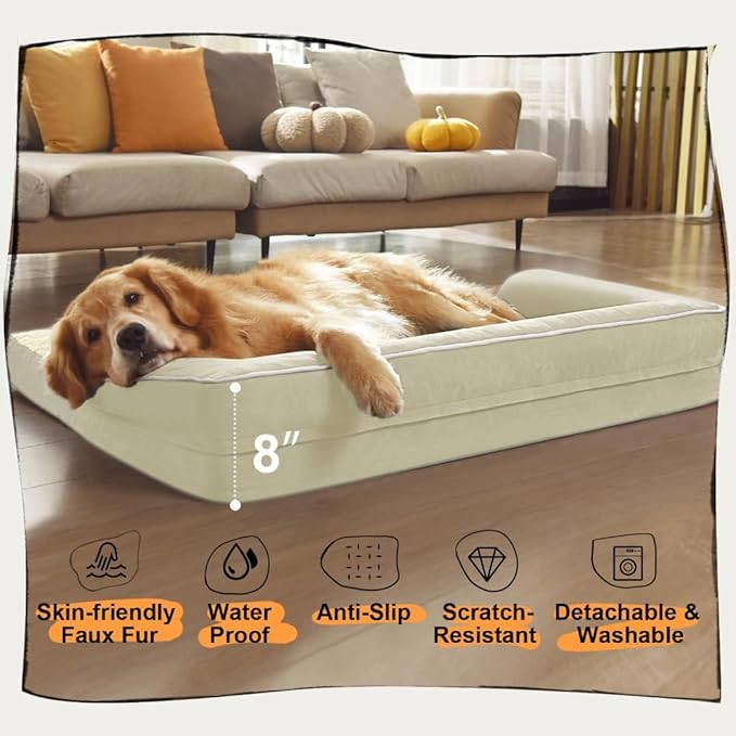 Extra Large Dog Bed-Orthopedic Waterproof XL Dog Bed for XLarge Extra Big Dogs - Foam Couch Sofa Washable with Removable Cover-Beige-PurrikoPets