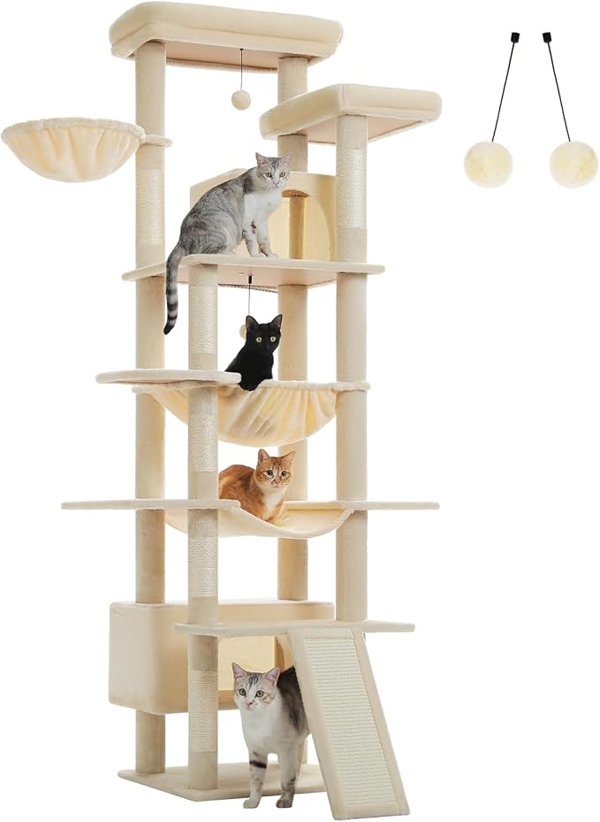 81" Heavy Duty Cat Tree for Large Cats up to 20lbs - Extra Tall Cat Tower with Metal Frame Hammock, 6 Sisal Scratching Posts, 2 Perches - Indoor Cat Furniture for Maine Coon, Big Cats, Beige-PurrikoPets