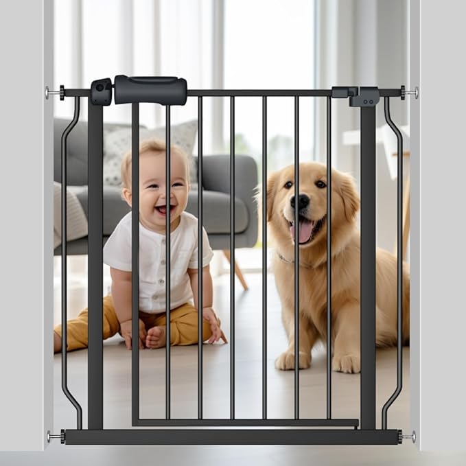 Fairy Baby Walk Through Black Baby Gate 29-34 Inch Wide, Pressure Mounted Safety Gate with Door No Drill, Tension Metal Gate for Dog and Toddler-PurrikoPets