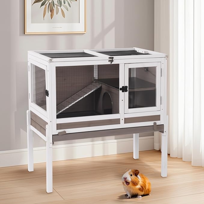 Aivituvin 2-Story Rabbit Hutch with Anti-Chew Ramp & Zinc Sheet - 36.6" Indoor Guinea Pig Cage, Wooden Stand, Pull-Out Tray & Leakproof Floor (Brown)-PurrikoPets