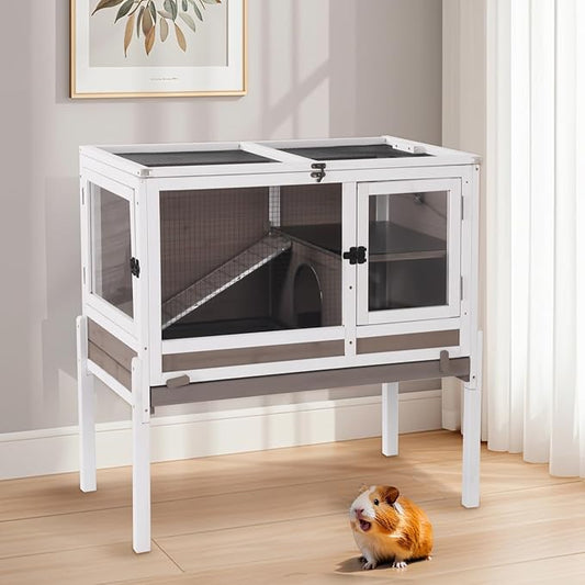 Aivituvin 2-Story Rabbit Hutch with Anti-Chew Ramp & Zinc Sheet - 36.6" Indoor Guinea Pig Cage, Wooden Stand, Pull-Out Tray & Leakproof Floor (Brown)-PurrikoPets