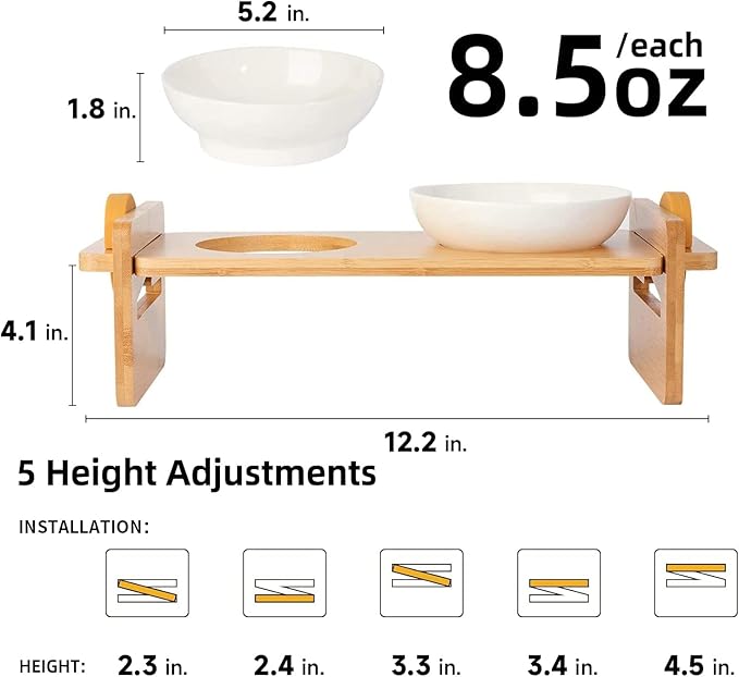 FUKUMARU Elevated Cat Ceramic Bowls, Small Dog 15° Tilted Raised Food Feeding Dishes, Solid Bamboo Water Stand Feeder Set for Cats and Puppy-PurrikoPets