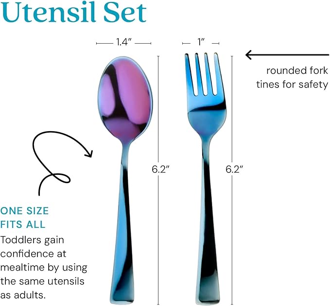Ahimsa Stainless Steel Kids Utensils - Kids Fork and Spoon Set, Pediatrician Designed Toddler Utensils, 100% BPA Free & Dishwasher Safe (Iridescent Blue)-PurrikoPets