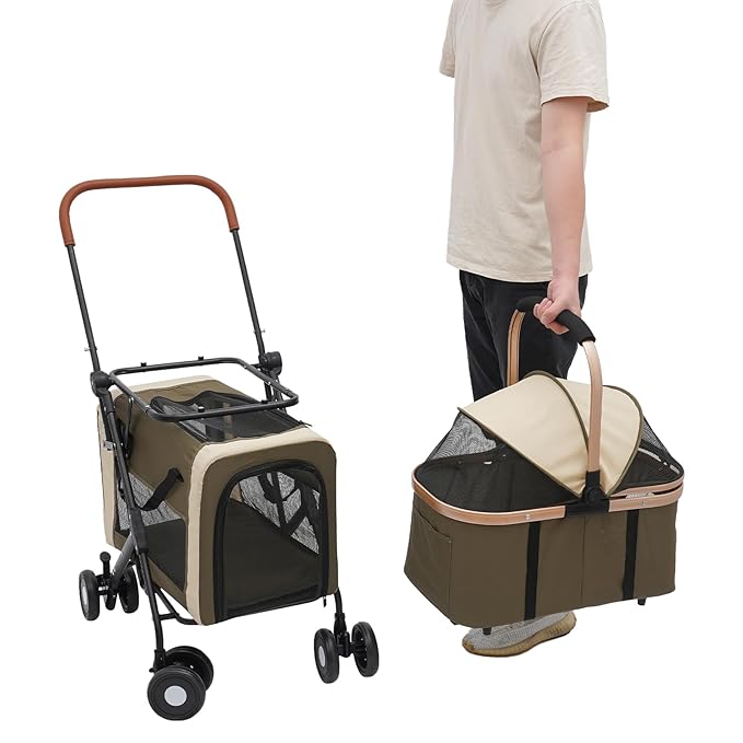 Double Pet Stroller for Dogs and Cats, Foldable Dog Stroller Travel Carriage with Detachable Carriers, Safety Belts, and 4 Lockable Wheels for Small to Medium Pets (Dark Green)-PurrikoPets