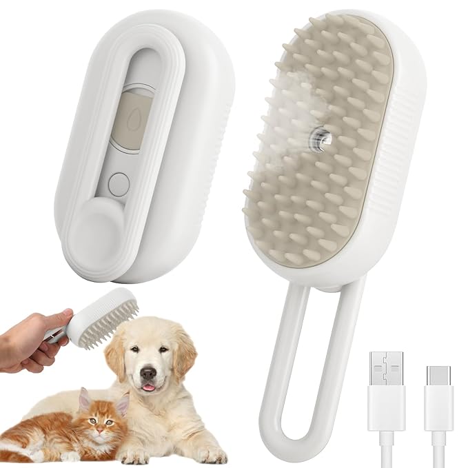 4 in 1 Cat Steam Brush for Shedding, Cleaning, Massage & Smooth, USB Rechargeable Pet Spray Hair Removal Comb, for Indoor Long/Short Haired Cats & Dogs (White)-PurrikoPets