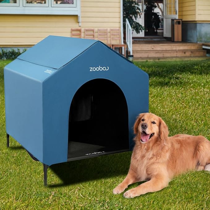 42" 2-in-1 Dog House for Medium Dogs, Elevted Dog House Outdoor/Indoor, Puppy Shelter Outside,Water Resistant 600D PVC and Durable 2x1 Textilene Raised Dog Bed(Blue)-PurrikoPets