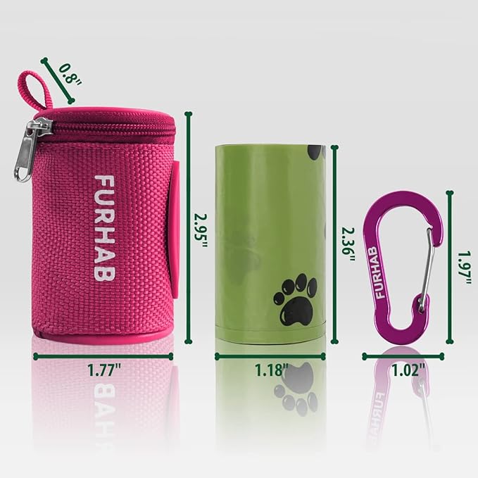 Dog Poop Bag Holder for Leash Doggie Waste Bag Dispenser Soft Fabric Puppy Potty Carrier Small Doggy Zipper Pouch with Carabiner Clip 1680D Nylon Oxford with 1 Roll of Pet Trash Bags, Rose Red-PurrikoPets