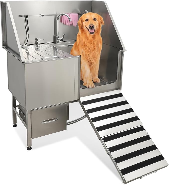 50" Dog Washing Station, Professional Stainless Steel Pet Dog Bathing Station with Ramp, Faucet, Storage Drawer, Floor Grate Dog Bathtub for Large, Medium, Small Pets (Right Ramp)-PurrikoPets