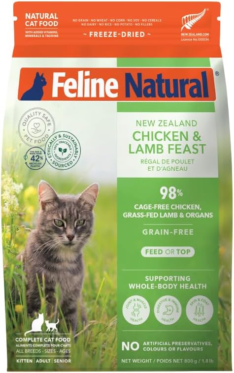 Feline Natural High Protein Dry Cat Food, Freeze-Dried Diet with 98% Meat, Organs & Seafood, No Peas, Grains, or Artificial Additives, Made in New Zealand, Chicken & Lamb, 1.8lb-PurrikoPets