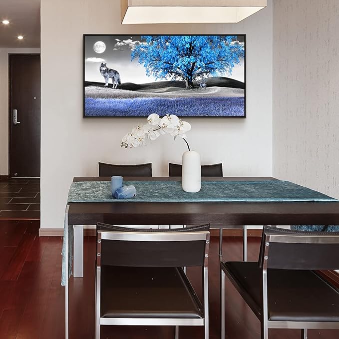 Frame Canvas Wall Art For Living Room Family Wall Decorations For Bedroom Modern Office Wall Decor Paintings Blue Tree Landscape Pictures Artwork Canvas Art Prints Home Decor Black Framed 24" X 48"-PurrikoPets