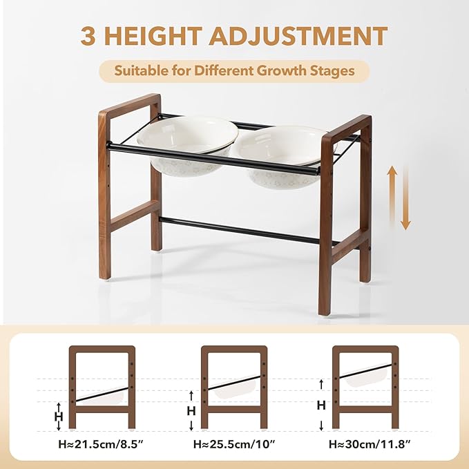 8.7inch Ceramic Adjustable Raised Double Bowls Set with Stand, 3 Heights Elevated, 2 Placement Options, Food and Water Dishes for Large Dog(Double Bowls+Stand, Reactived Glaze -White)-PurrikoPets