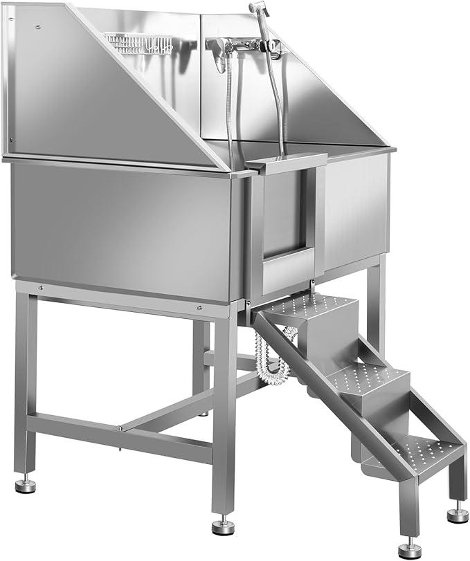 38" Pet Dog Bathing Station W/Ramp, Professional Stainless Steel Dog Grooming Tub W/Floor Grate, Faucet, Dog Bathtub for Large,Medium, Small Pets, Washing Sink for Home,L-RAMP-PurrikoPets