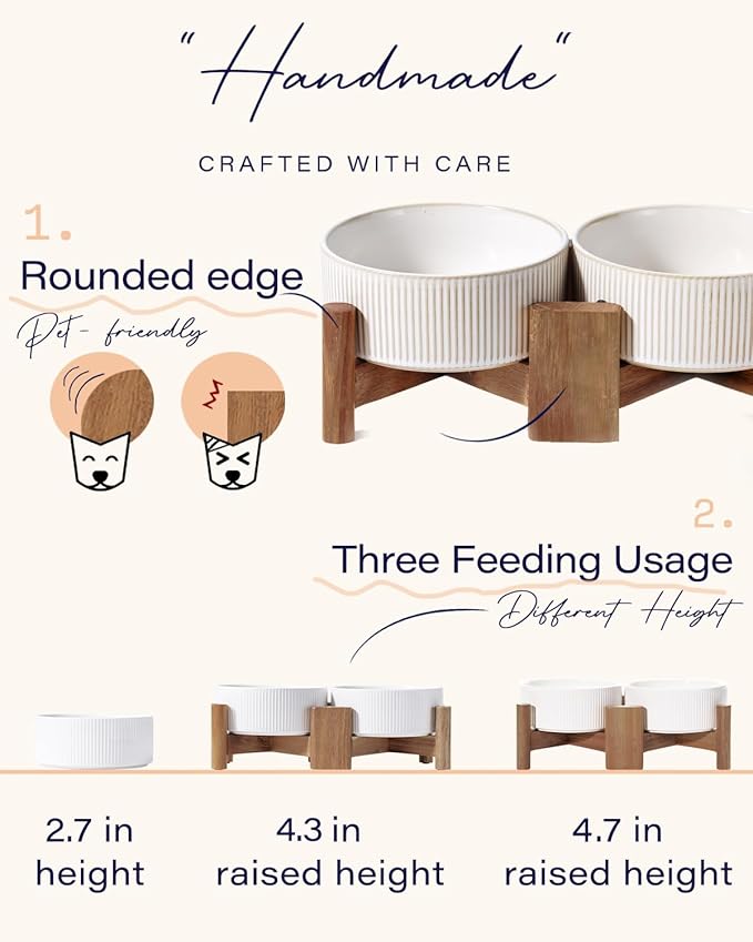 Getstar Ceramic Dog Bowls with Acacia Wood Stand, 30 fl oz, Set of 2, Dog Food Bowl, Cat Bowls (6.5 inches) (Vintage White)-PurrikoPets