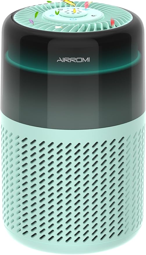 AIRROMI Air Purifier for Bedroom Home,HEPA Filter,Covers Upto 549 Ft²,Quiet 360°intake Air Cleaner with Fragrance ponge for Better Sleep,Night Light,Filters Smoke,Pet Dander,Allergies,Dust,A2005Turquo-PurrikoPets