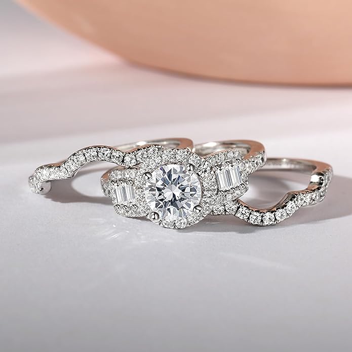 Jeulia 2 Carat Engagement Halo Rings for Women Sterling Silver Round Cut Bridal Set Cubic Zirconia Wedding Diamond Band Rings Promise Anniversary Rings for Her