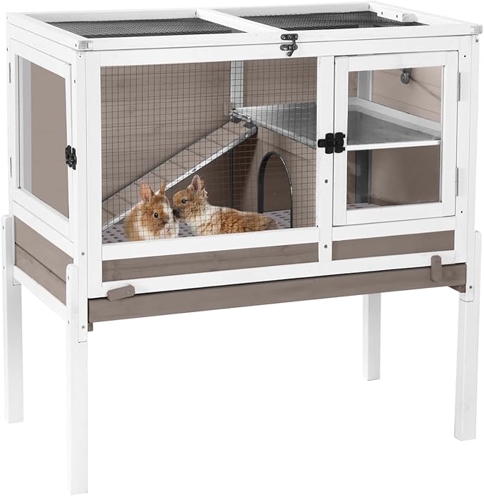 Aivituvin Rabbit Hutch with Stand Wooden Bunny Cage Indoor 2 Story Guinea Pig House with Anti Chew Ramp, No Leak Tray, Hideout, Wire Mesh (Brown)-PurrikoPets