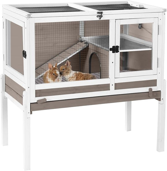 Aivituvin Rabbit Hutch with Stand Wooden Bunny Cage Indoor 2 Story Guinea Pig House with Anti Chew Ramp, No Leak Tray, Hideout, Wire Mesh (Brown)-PurrikoPets