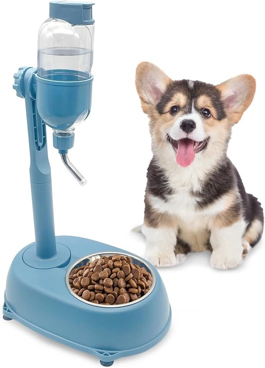 Fhiny Dog Water Feeder Bottle with Stand, Dispenser Automatic Water Food Bowl for Cage No-Drip Leak-Proof Adjustable Raised Pet Slow Water Bottle Dog Kennel Durable Drinker (Blue, 17oz)-PurrikoPets