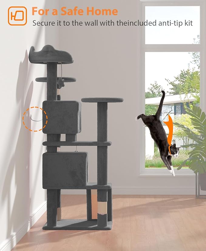 54" Cat Tree Tower for Indoor Cats Large Adult,Cute/Tall Modern Cat Tree for Big Cats 20 lbs, Plush Multi-Level Cat Condo with Scratching Posts,Hammock, Dangling Ball (Smoky Gray, 54 inch)-PurrikoPets