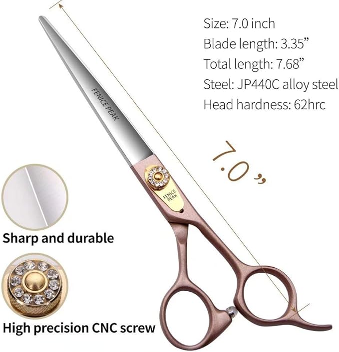 Fenice Peak 7'' Dog Straight Scissors for Grooming 440C Stainless Steel Rose Gold Professional Pet Trimming Scissors Sharp Blades Cutting for Dogs and Cats Shears-PurrikoPets