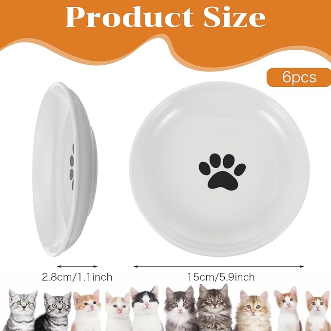 6 Pack Cat Food Bowl, Ceramic Cat Bowls, Anti Whisker Fatigue Cats Bowl Set, 5.9 Inches Shallow Wide Kitten Plates for Food and Water-PurrikoPets
