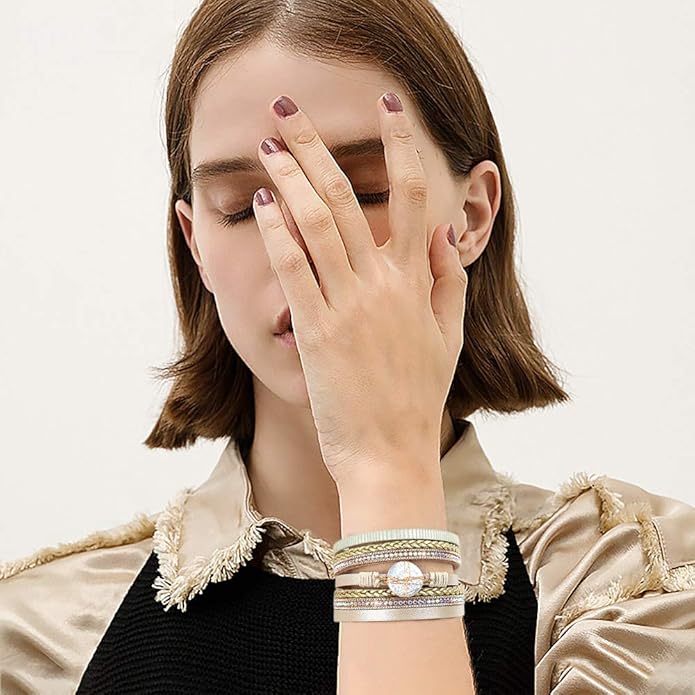 Wowanoo 3Pack Leather Cuff Bracelet Set Multilayer Wrap Bracelet Crystal Feather Tree Bracelet Magnetic Clasp Bracelet for Women