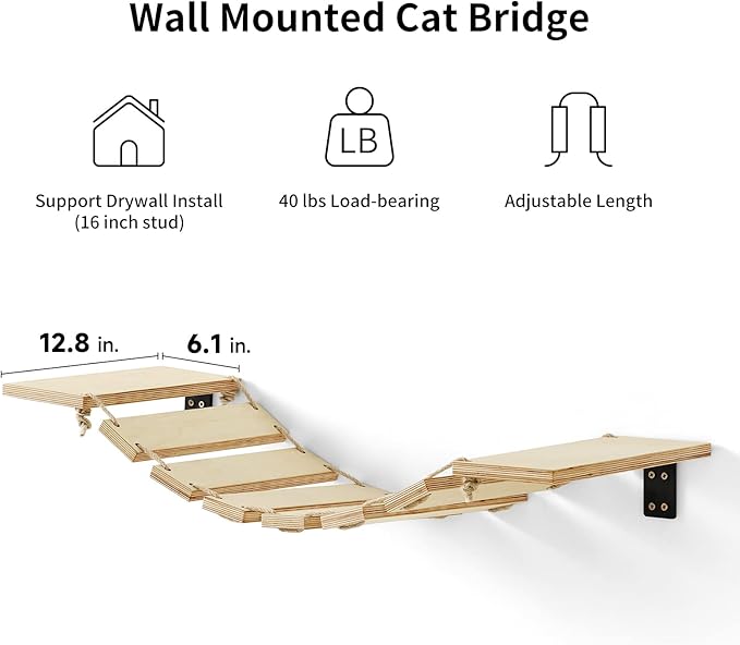FUKUMARU Cat Bridge Wall Mounted, 12.8-Inch Expanded Feline Perch & Climbing Steps for Custom Kitten Highway Systems, Multi-Level Wall Shelves Furniture-PurrikoPets