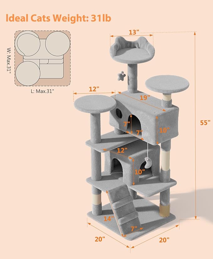 54" Cat Tree Tower for Indoor Cats Large Adult,Cute/Tall Modern Cat Tree for Big Cats 20 lbs, Plush Multi-Level Cat Condo with Scratching Posts, Dangling Ball for Fun (Light Gray, 54 inch)-PurrikoPets