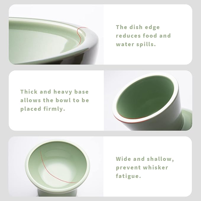 Extra Wide Elevated Ceramic Cat Food Bowl - 6.2" Shallow Dish for Whisker Fatigue Relief, 5" Height for Easy Feeding, Lead & Cadmium Free, Durable Raised Cat Food Bowls, Sage Green-PurrikoPets