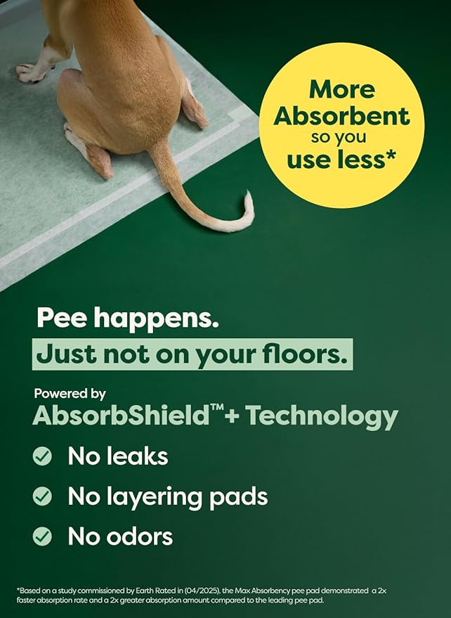 Earth Rated Max Absorbency Puppy Pee Pads for Dogs Absorbs 2X Faster & 2X More, Leak-Proof Odor-Free Potty Training Wee Wee Pad, Unscented, 3XL, 36” x 36”, 24 Count-PurrikoPets