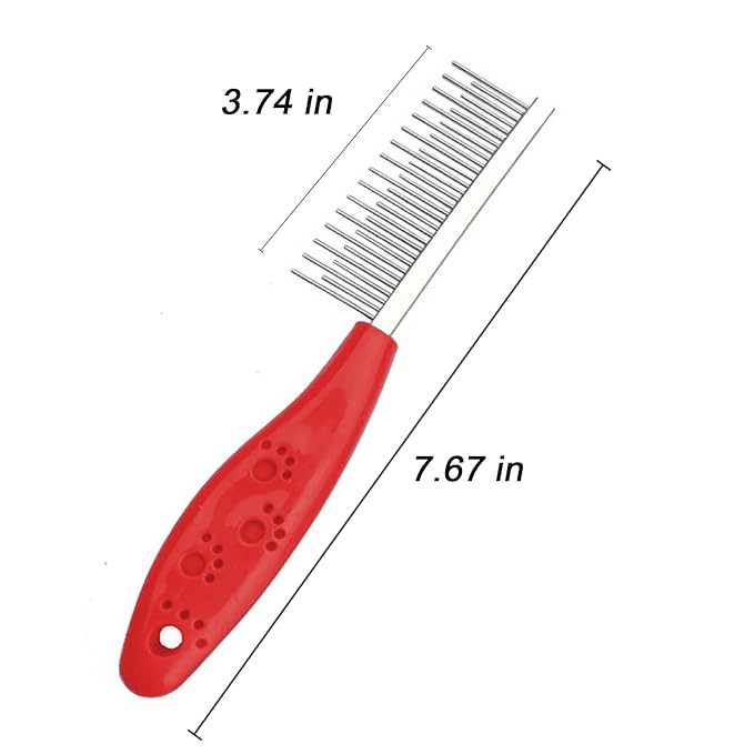 Dog or Cat Comb Grooming with Short and Long Teeth Dematting Knots Tangles Remover Combs Detangler Tool Suitable for Dogs Cats Poodle HorseStainless Steel Pin (Red)-PurrikoPets