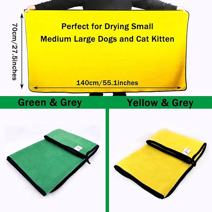 Dog Towel - 2 Pack Large Dog Bath Towel Super Absorbent Microfiber Beach Towels for Quick Drying Small Medium Large Dogs and Cats, Machine Washable,55.1x27.5 inch,Yellow Green-PurrikoPets