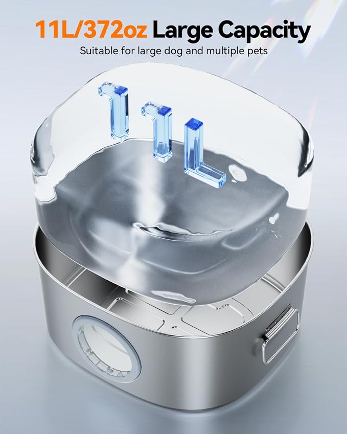 Dog Water Fountain Stainless Steel, 11L/2.8Gal Large Pet Fountain for Large Dogs Inside, Dog Fountain Water Bowl Dispenser with Visible Window & LED, Ultra Quiet for Multi-Pet (Filters)-PurrikoPets