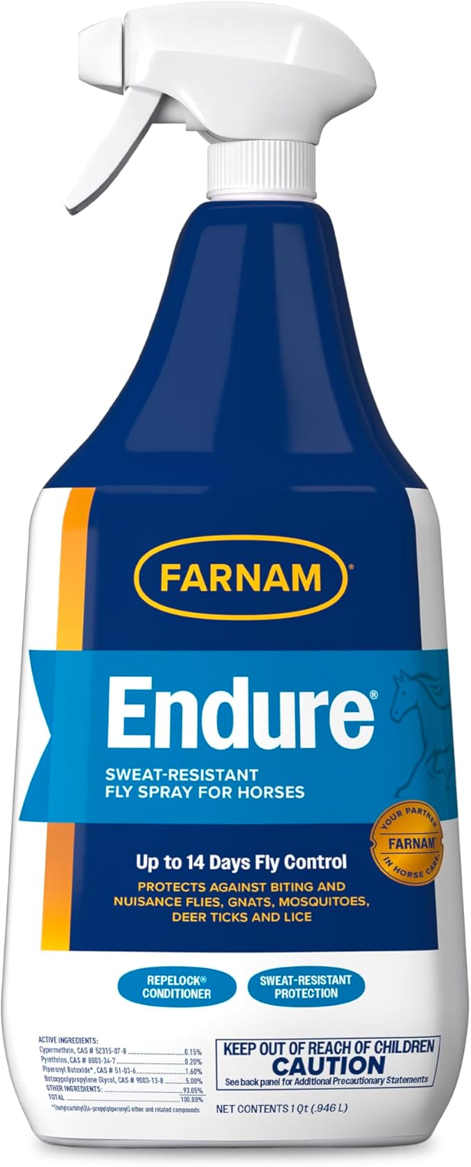 Farnam Endure Sweat-Resistant Fly Spray for Horses, Lasts Up to 14 Days, Protects Against Flies, Gnats, Mosquitoes, Ticks & Lice, 32 oz.-PurrikoPets