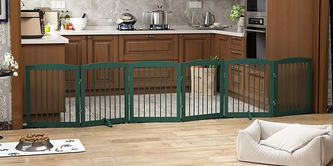 Freestanding Pet Gate for Dogs, Foldable Wooden Dog Gate for House, Extra Wide Indoor Pet Barrier for Stair, Doorway, Hall, Support Feet Included, 120 Inch Wide, 6 Panels 24",Green-PurrikoPets