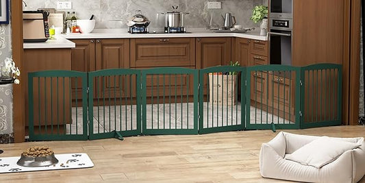 Freestanding Pet Gate for Dogs, Foldable Wooden Dog Gate for House, Extra Wide Indoor Pet Barrier for Stair, Doorway, Hall, Support Feet Included, 120 Inch Wide, 6 Panels 24",Green-PurrikoPets