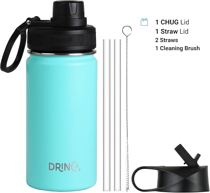 DRINCO Stainless Steel Water Bottle Spout Lid Vacuum Insulated Double Wall Water Bottle Wide Mouth (40oz 32oz 22oz 18oz 14oz) Leak Proof Keeps Cold or Hot (14 oz, 14oz Teal)-PurrikoPets